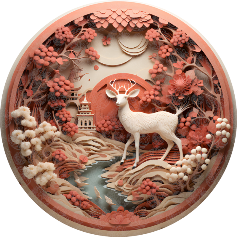 Paper art reindeer standing in layered floral forest with pagoda and coral blossoms, Grey Barn Handwerk, Saskatchewan.